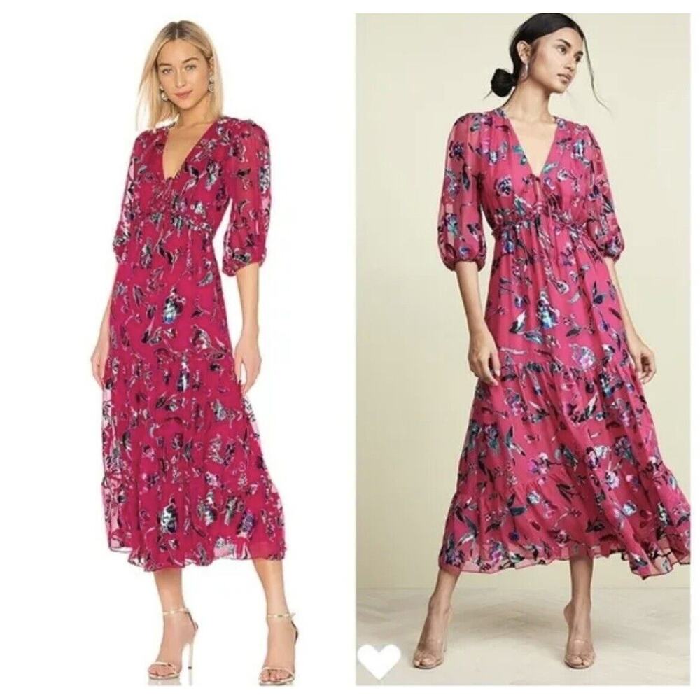 Tanya Taylor Dulce Silk Rayon Hot Pink Floral Ruffle Midi Dress Sz 0